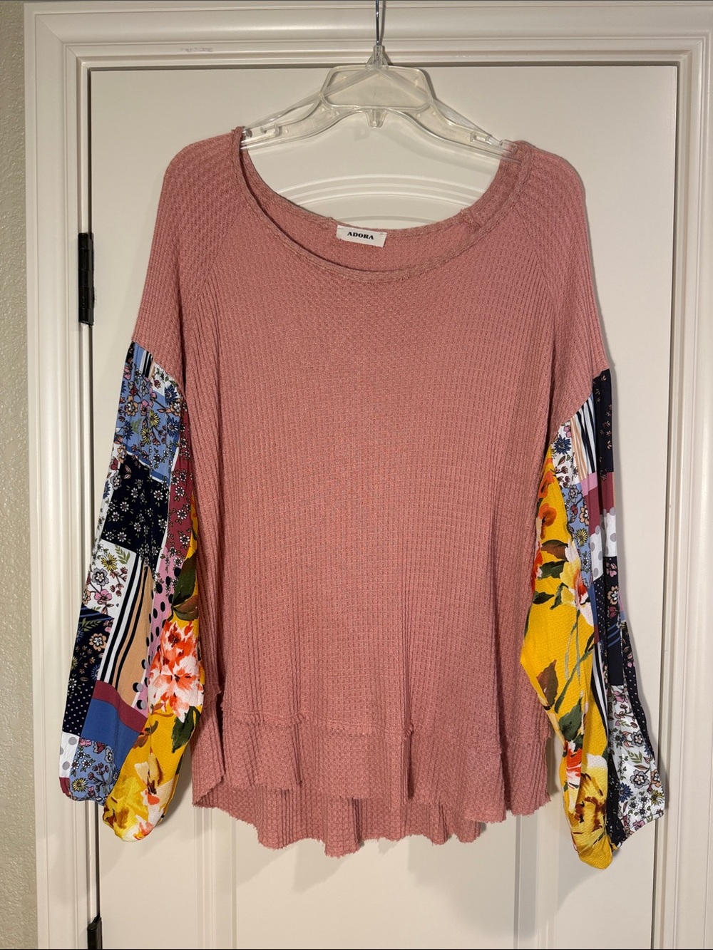 ADORA Dusty Rose Waffle Knit Top with Floral Patchwork Balloon Sleeves - Size L